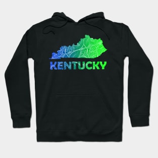 Colorful mandala art map of Kentucky with text in blue and green Hoodie